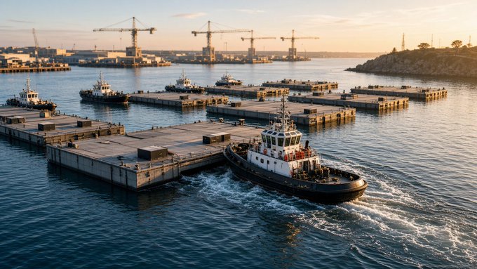 An aerial view of tugboats navigating through a harbor with concrete floating platforms, with construction cranes visible on the shoreline in the background during sunset.