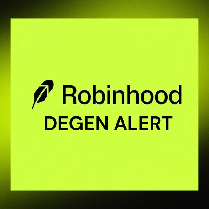 The image features a bright neon green background with the Robinhood logo and text reading "Robinhood DEGEN ALERT" in bold black lettering, visually echoing the post's announcement about the launch of "LEAVE" on the new Robinhood Chain native launchpad and its associated degen alert.