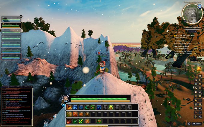 A screenshot of a 3D fantasy MMORPG game featuring a character standing on a snowy mountain peak, with various UI elements including a minimap, chat box, quest log, and action bars.
