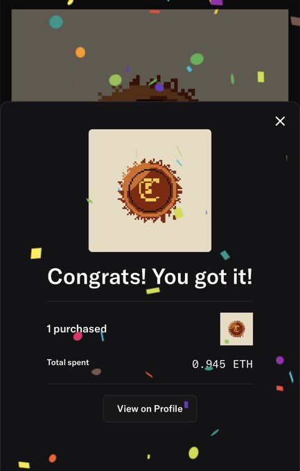 A mobile app purchase confirmation screen showing 'Congrats! You got it!' with a pixelated chocolate coin NFT, '1 purchased', and 'Total spent 0.945 ETH'.