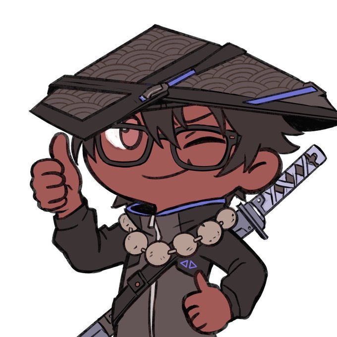 A cheerful chibi-style character with dark skin, glasses, and a wide-brimmed traditional hat gives a double thumbs-up while carrying a katana on their back, wearing a beaded necklace with a triangular pendant. The image's enthusiastic "approving" pose complements the post's excitement about AZUKI TCG and anticipation for upcoming manga chapters.