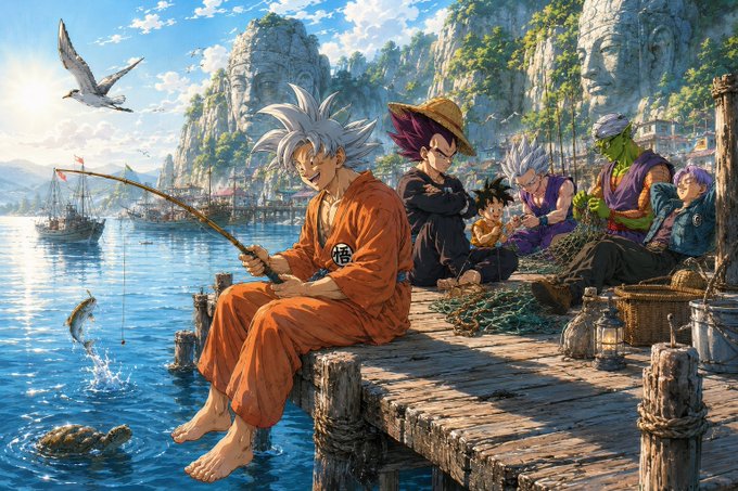 An anime-style scene depicting several Dragon Ball characters, including Goku, Vegeta, Gohan, Piccolo, and Trunks, sitting on a wooden pier fishing with boats and rocky cliffs in the background.