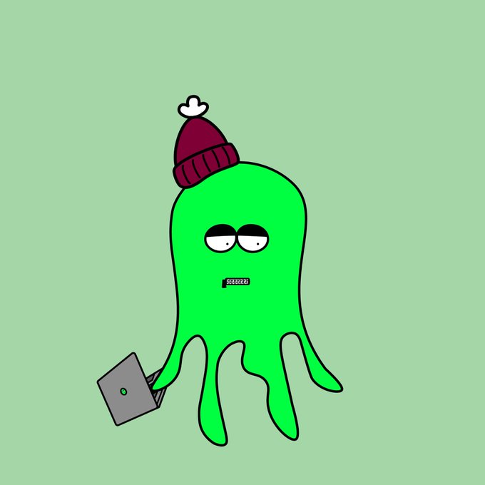 A cartoon illustration of a green, octopus-like creature wearing a maroon beanie, half-closed eyes, and holding a gray laptop on a light green background.