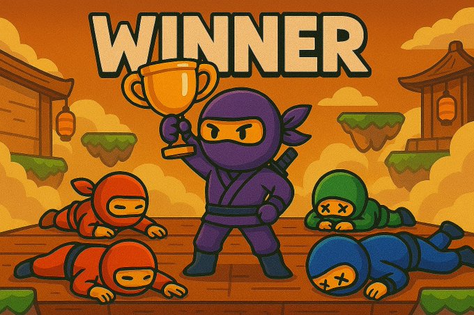 A cartoon scene with the word 'WINNER' at the top, showing a purple ninja character holding up a gold trophy while other colored ninjas lie defeated on the ground.