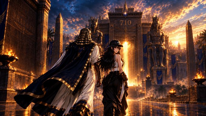 An anime-style illustration showing a female character and an armored figure facing an Egyptian-themed temple gate marked "710" at sunset.