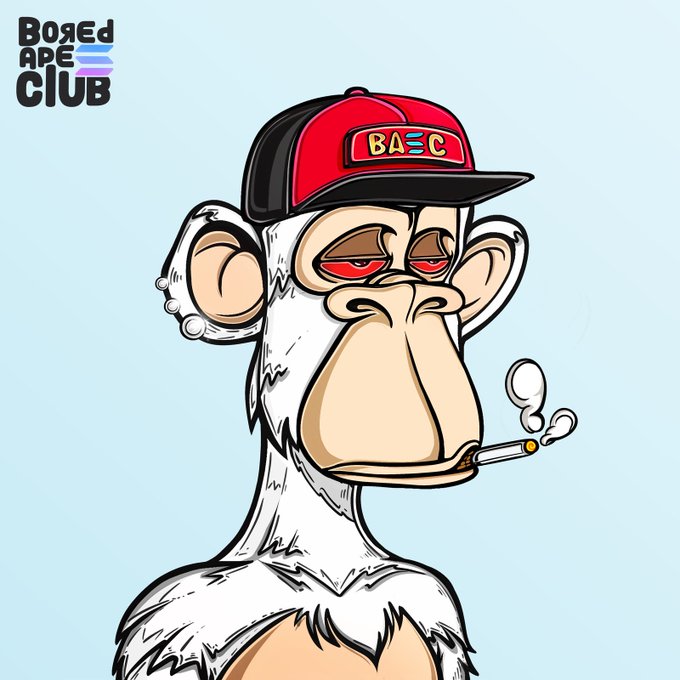 A cartoon illustration of a white monkey wearing a red and black cap with 'BAEC' on it, a nose ring, earring, and smoking a cigarette, with 'BORED APE CLUB' logo in the corner.