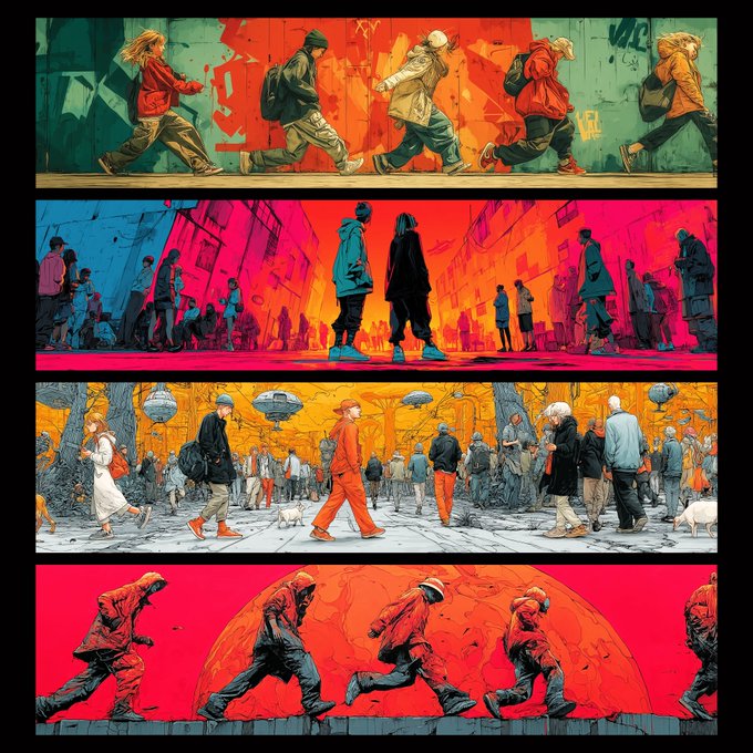 A four-panel illustrated artwork showing various stylized figures walking or running through vibrant, colorful urban and fantastical environments.