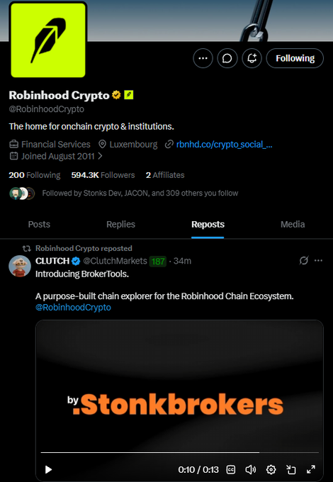 A screenshot of the Robinhood Crypto Twitter/X profile shows a reposted video by Clutch Markets introducing BrokerTools for the Robinhood Chain Ecosystem.