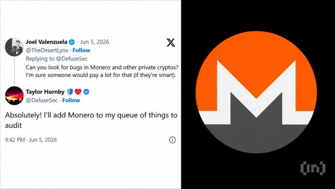 In this image, two individuals are engaged in a conversation about cryptocurrency. One person is discussing the Monero coins with another person who is not present in the image. They are talking about the security of these digital tokens, specifically regarding an 8-year-old bug found by an anthropomorphic hacker named Taylor Hornby. The person who made the post has added Monero to their audit queue as a reward for discovering this security vulnerability, and they are now planning on paying $XMR (Bitcoin) worth in Bitcoin Cash for the bug's successful detection.
