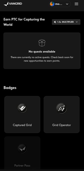 A mobile app interface for 'VANGRID' displays 'Earn PTC for Capturing the World' with a '1.5x MULTIPLIER' indicator, showing 'No quests available' and a Badges section with 'Captured Grid', 'Grid Operator', and 'Partner Pass' icons.