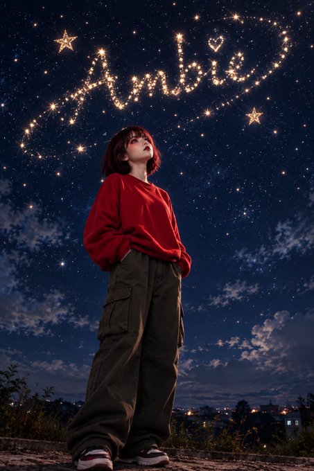 A young woman in a red sweater and cargo pants stands under a starry night sky, looking up at the word "Ambie" written in glowing stars alongside star shapes and a heart.