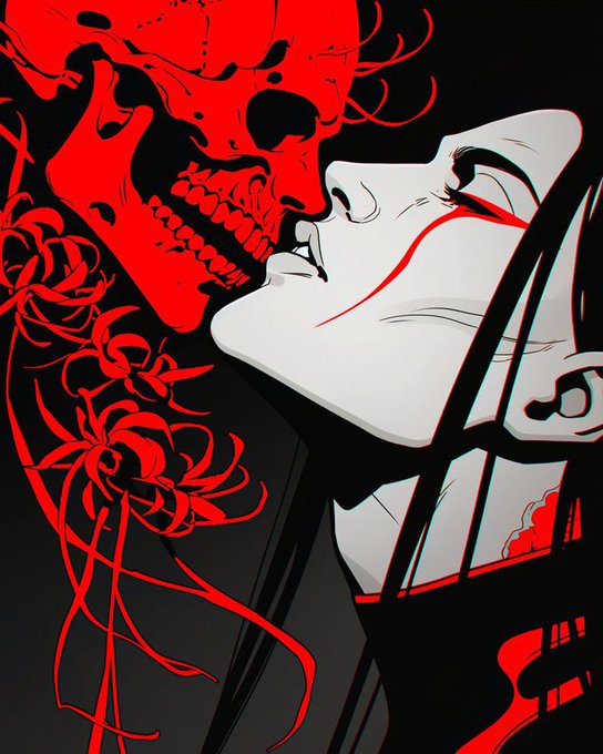 A stylized anime-style illustration in red, black, and white featuring a skeletal/red demonic face looming over a pale character with closed eyes and red markings, alongside a red spider lily flower.
