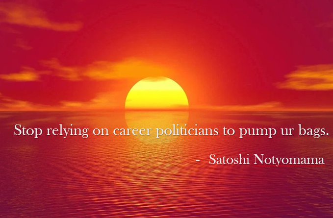 The image features a vibrant red sunset over a calm ocean, overlaid with a quote attributed to Satoshi Notyomama: "Stop relying on career politicians to pump ur bags." The fiery scene reinforces the post's message, symbolizing a bold, revolutionary spirit behind the quote about crypto's independence from traditional political systems.

Note: The quote is attributed to "Satoshi Notyomama," not Satoshi Nakamoto—the pseudonymous creator of Bitcoin.