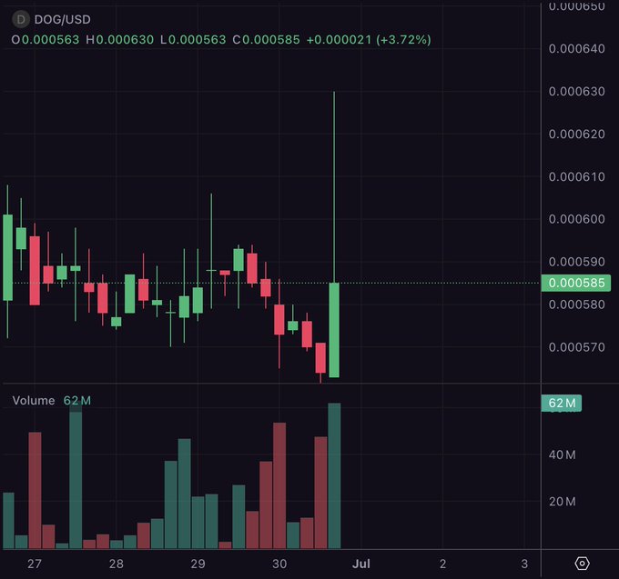 A DOG/USD cryptocurrency candlestick chart showing a current price of 0.000585, up 3.72%, with 62M in volume and prices ranging across late June into early July.