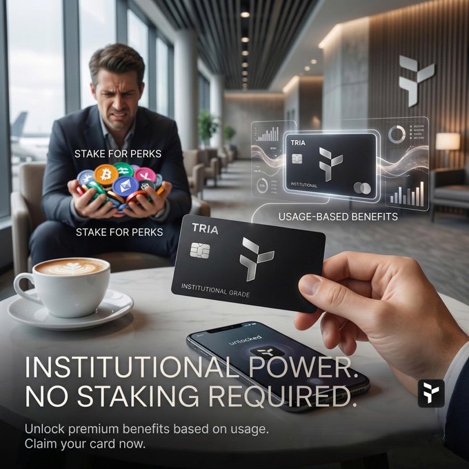 The image shows a person holding up a credit card with a message about its premium features. The text indicates that this card offers no-staking required, meaning users can enjoy exclusive benefits without having to invest significant amounts of money into the native token. This type of card is designed for individuals who want access to premium crypto services and do not wish to invest their savings in a volatile market.