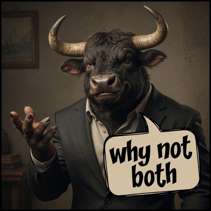 A humorous image of a bull wearing a business suit with a speech bubble containing the text "why not both" in a stylized font.