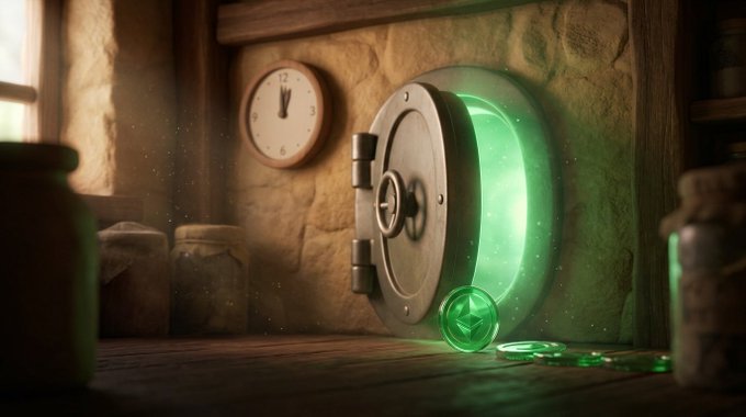 An open metal vault with glowing green light emits magical coins in a rustic room with stone walls and a vintage clock.