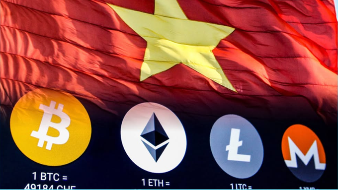 A Vietnamese flag displayed behind cryptocurrency icons showing prices: Bitcoin (1 BTC = 49184 CHF), Ethereum (1 ETH), Litecoin (1 LTC), and Monero.