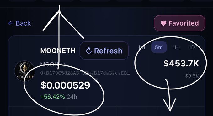 A mobile screen displays the MOONETH token at $0.000529 with +56.42% growth over 24 hours, showing a market cap of $453.7K and $9.8K volume, promoting its upcoming launch on mooneth.fun.