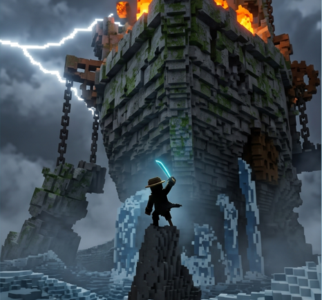 A blocky pirate character wields a glowing blue sword atop a rocky pillar, facing a massive, moss-covered fortress engulfed in flames and crackling lightning—a dramatic, melancholic scene that mirrors the post's narrative of a once-promising web3 game that left a big mark before shutting down.