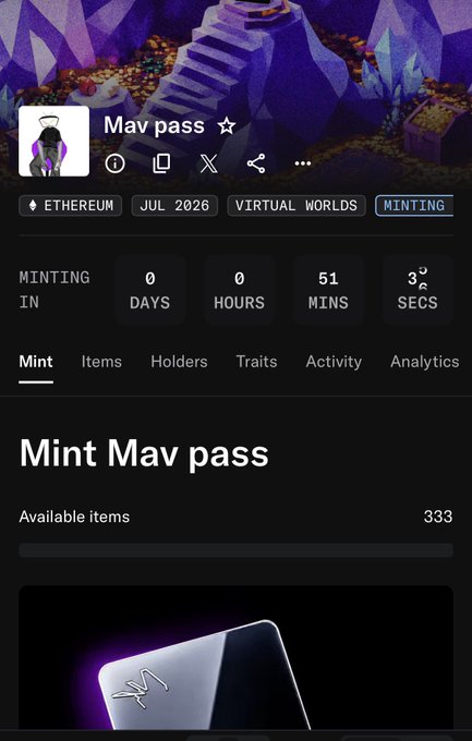 A screenshot of an NFT minting page titled 'Mav pass' on the Ethereum network, showing a countdown of 0 days, 0 hours, 51 minutes, and 33 seconds until minting begins in July 2026.