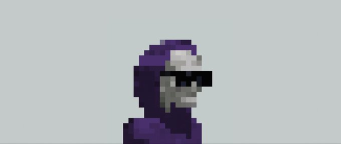 A low-resolution, pixelated image of a character with a purple hood, a black censor bar over the eyes, and a wide smile on a gray background.