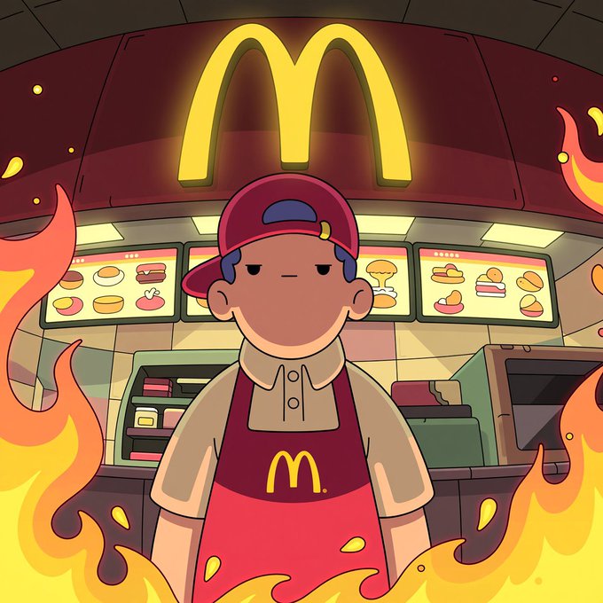 The image features a cartoon character wearing a McDonald's uniform and hat standing in front of a burger display at a fast food restaurant or diner with flames blowing around him. The text on the image suggests that Bitcoin is worth $74,000 and Ether is worth only $2,000. These prices indicate that these digital currency tokens are not currently considered valuable due to their current market conditions. The cartoon character's presence and attire within this context may serve as an artistic or whimsical commentary on the fluctuating value of cryptocurrency and its connection to Bitcoin and Ether, with a focus on fast food as a backdrop.