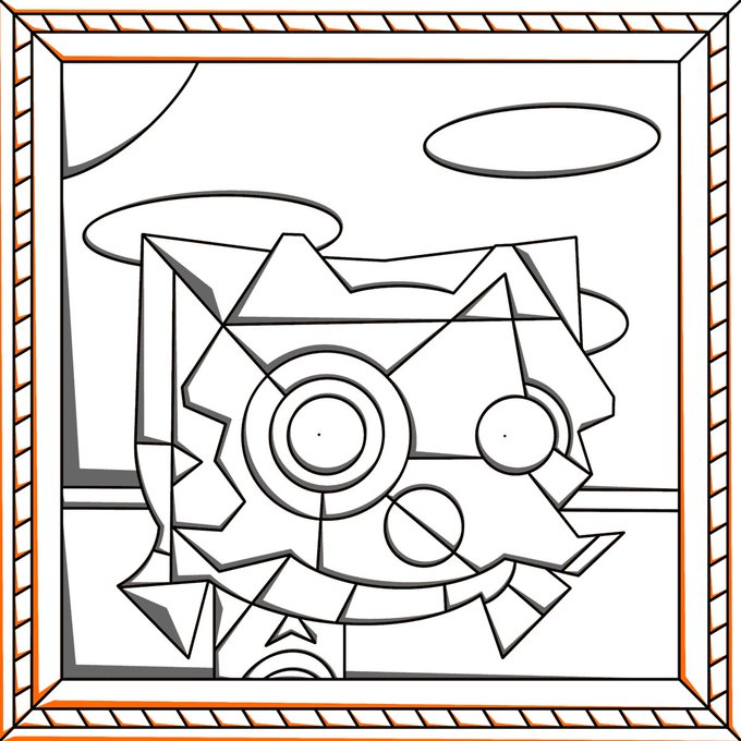 The image features a black and white cartoon cat, which appears to be a part of an art project or coloring book page. The cat has a unique design with circles and lines that create a sense of movement and dynamism. The cat's position is in front of a tree, adding depth and context to the scene. The post about the cat includes a reference to another image featuring a similar cartoon cat, suggesting that this particular drawing might be part of an art project or coloring book page.
