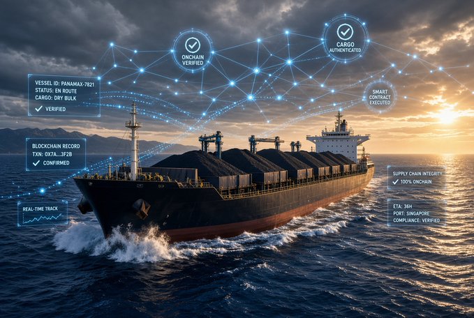 A digital illustration of a cargo ship on the ocean at sunset, overlaid with blockchain-themed HUD elements showing details like 'VESSEL ID: PANAMAX 7821', 'CARGO: DRY BULK', and 'BLOCKCHAIN VERIFIED'.