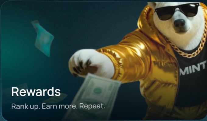 Promotional image with a Shiba Inu dog in sunglasses and gold jacket, with text 'Rewards. Rank up. Earn more. Repeat.' and 'MINT' visible on clothing.