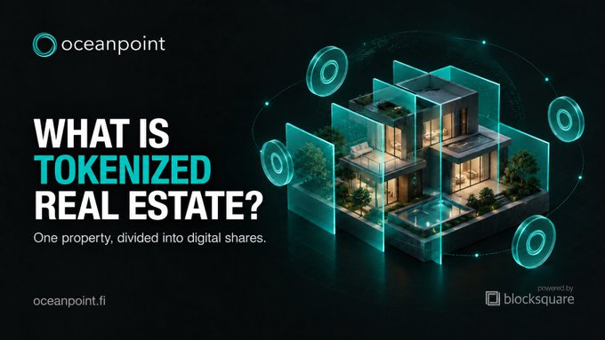 A promotional graphic for 'oceanpoint.fi' asks 'WHAT IS TOKENIZED REAL ESTATE?' with the tagline 'One property, divided into digital shares,' powered by blocksquare.