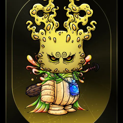 The image features a cartoon character with a large head, wearing a green robe and holding a sword. The character has a yellow body adorned with spots and appears to be made of wood or carved from wood. The character's face is painted red, giving them an angry expression. The background of the image is black, which contrasts with the colorful character. The post that accompanies this image reads: "Koda #8999 Bought for 1.489 ETH jknows-vault.eth 0x7843...3198 etherscan.io/tx/0x2e1bfe7bf ... Grab your Koda: opensea.io/collection/oth oswiki.xyz/browse/koda wtf is this thing".