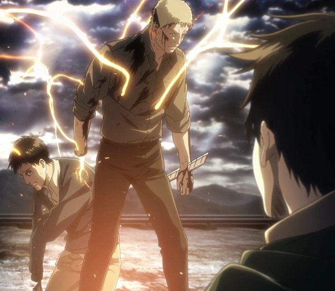 A dramatic anime scene showing a blonde man standing over another kneeling man, with sparks of light around them and a third character watching from the foreground.