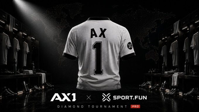 A promotional poster for 'AX1 x SPORT.FUN DIAMOND TOURNAMENT PRO' featuring a black and white soccer jersey with 'AX' and the number '1' displayed in a locker room setting.