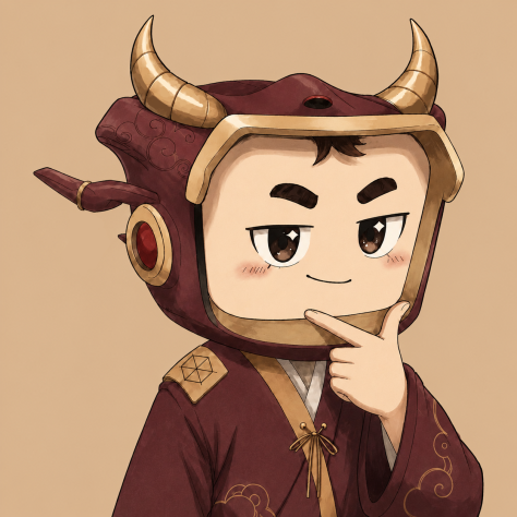 A chibi-style cartoon illustration of a character wearing a red horned samurai helmet and matching red robes, posing thoughtfully with a finger to their chin.