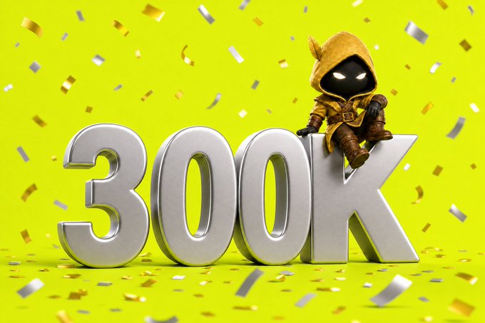 A small hooded fantasy character in brown leather armor sitting atop large silver '300K' letters against a bright yellow background filled with falling gold and silver confetti.