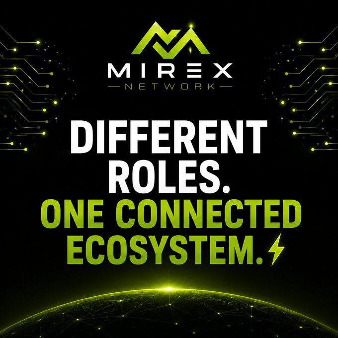 A promotional graphic for 'MIREX NETWORK' with the text 'DIFFERENT ROLES. ONE CONNECTED ECOSYSTEM.' displayed over a black background with green circuit board patterns and a glowing digital globe.