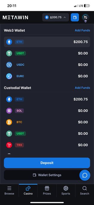 The image shows a MetaWin wallet interface displaying a balance of $200.75 in ETH under both the Web3 Wallet and Custodial Wallet sections, with $0.00 balances for other cryptocurrencies like USDT, USDC, SOL, and BTC. This relates to the post by showcasing the user's MetaWin crypto casino wallet, highlighting their initial $200.75 deposit as they "get their first METAWIN in the bag."