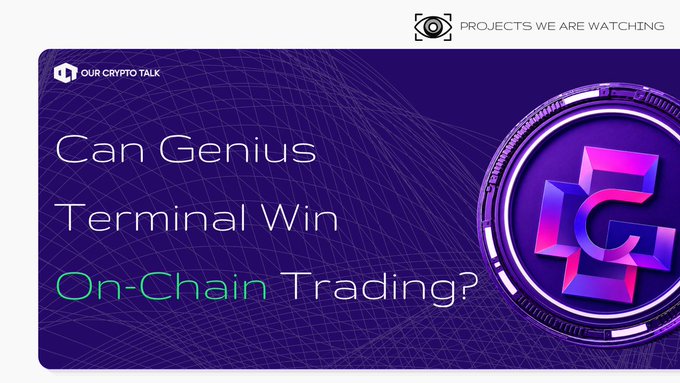 Promotional banner with a purple gradient background featuring the question "Can Genius Terminal Win On-Chain Trading?" alongside a stylized "G" logo, highlighting Genius Terminal as a featured "Projects We Are Watching" entry.