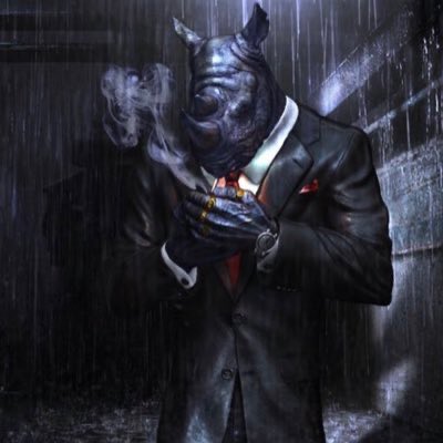 An anthropomorphic rhinoceros wearing a black business suit and red tie, holding a smoking cigar in the rain against a dark urban background.