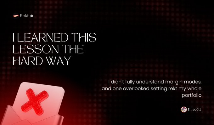 A dark red graphic with the text "I LEARNED THIS LESSON THE HARD WAY" and a caption reading "I didn't fully understand margin modes, and one overlooked setting rekt my whole portfolio," posted by user "El_sc0tt." The image, featuring a red "X" card and a "Rekt" label, visually reinforces the post's story about losing funds on $MAJOR due to accidentally trading on Cross Margin instead of Isolated Margin on MEXC.