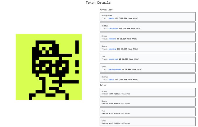 A "Token Details" page displaying a pixelated hooded "Collector" character on a green background, with traits like Robin Hoodie (100%), sweater (3.33%), smoking mouth (2.33%), small-hat top (1.33%), nerd-glasses (2.69%), and Empty Canvas (100%), illustrating how NFT attributes are stored as readable, on-chain metadata.