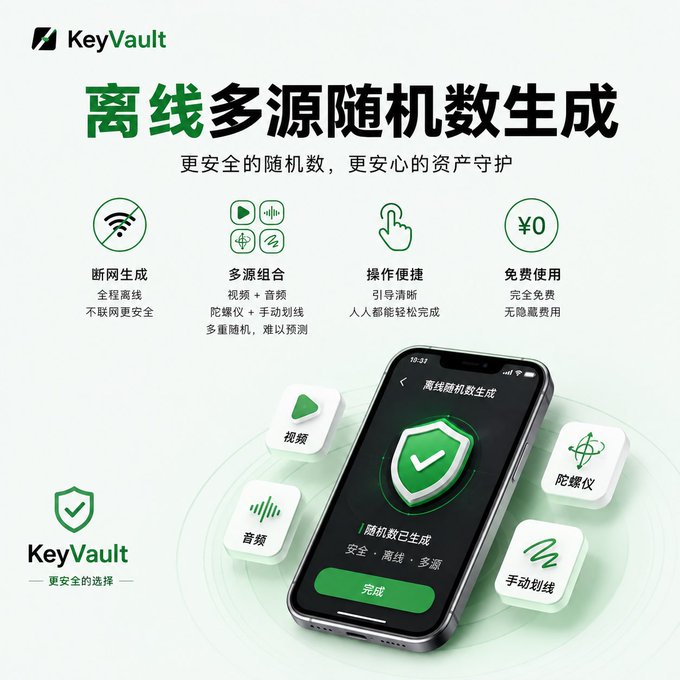 A Chinese promotional graphic for 'KeyVault' advertising '离线多源随机数生成' (Offline multi-source random number generation) for asset protection, highlighting offline generation and free use.