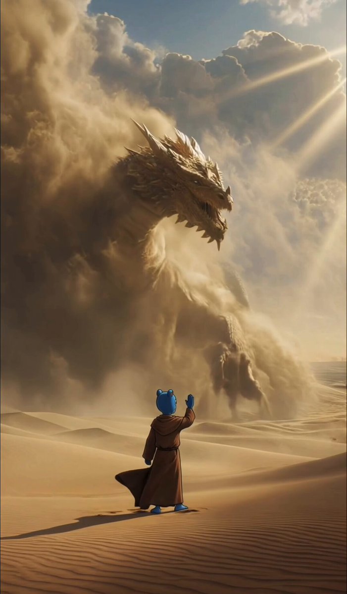 The image features a man dressed as a character from the movie "$BRETT". He stands in a desert setting with sand dunes surrounding him. The man appears to be holding up his hand, possibly waving or making a gesture towards something out of frame. The background is filled with clouds and sand, creating an atmosphere reminiscent of the desert environment depicted in the movie.