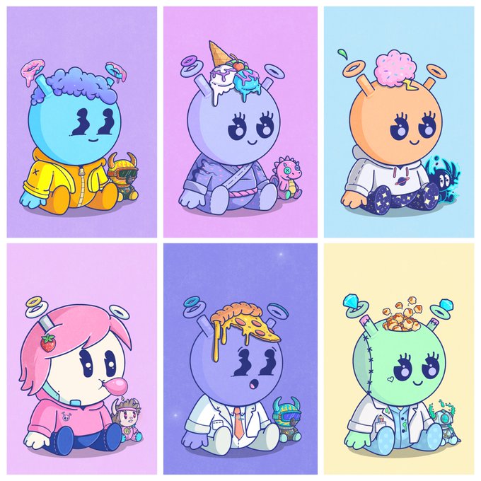 A grid of six cartoon NFT-style characters featuring cute round creatures with halos and various toppings (ice cream, brain, pizza), each accompanied by small companion figures.