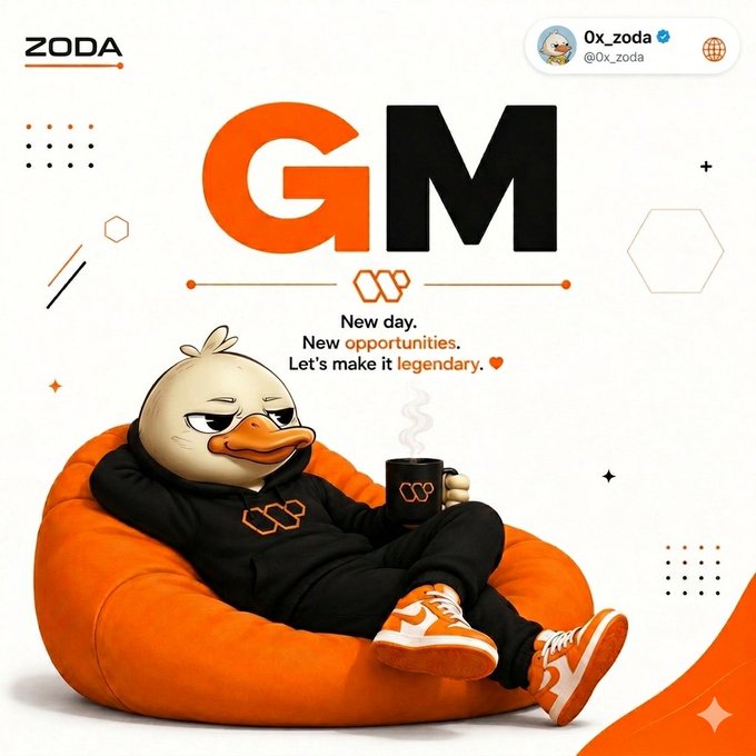 The image features a cartoon duck sitting comfortably on an orange bean bag chair with its feet up. The background of the image has various geometric shapes, including triangles and circles, creating a visually appealing contrast against the white wall. Below the duck, there is text that reads "G.M." in bold black letters, accompanied by a coffee cup and a mug. The post also mentions the importance of consistency and adding value to one's work or ideas.