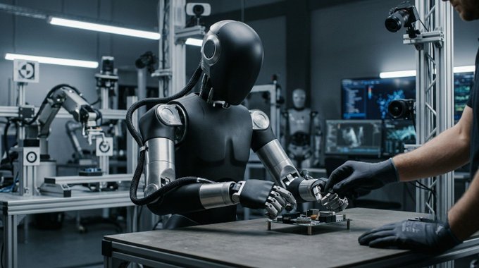 A sleek black humanoid robot works at a workbench in a high-tech lab, with a person wearing black gloves assisting or observing its hands.