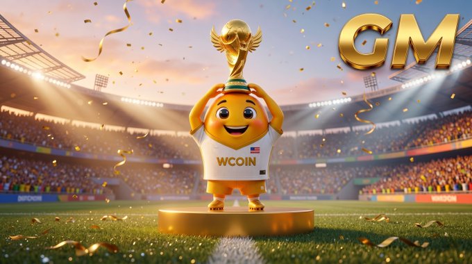 The image features a cartoon character, likely a soccer player or athlete, holding a trophy with both hands while standing on a podium. The character appears to be smiling and proudly displaying the trophy. The caption below the image reads "Gm Wcoin fam Who are you backing to take home the trophy?". This suggests that the image is related to an event where people have come together to support and celebrate the achievements of a particular sports team or athlete, possibly a soccer match.