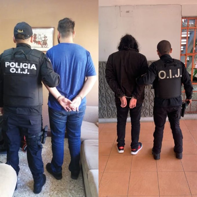 A split image showing two arrests by O.I.J. (Policía) officers in Costa Rica, with handcuffed suspects photographed from behind.