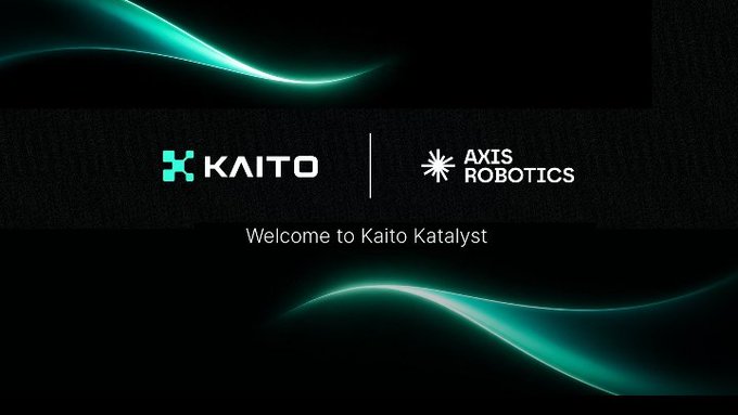 The image displays a promotional graphic for "Kaito Katalyst" featuring the logos of Kaito and Axis Robotics against a dark background with flowing teal light effects. This branding ties into Axis Robotics' launch on Base, highlighting their partnership to bring accessible Physical AI to users via web browsers.